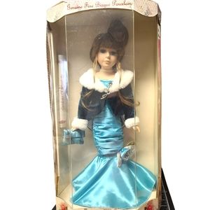 Collector's Choice Hand Painted Bisque Porcelain Doll Blue Dress, Brooch, Purse